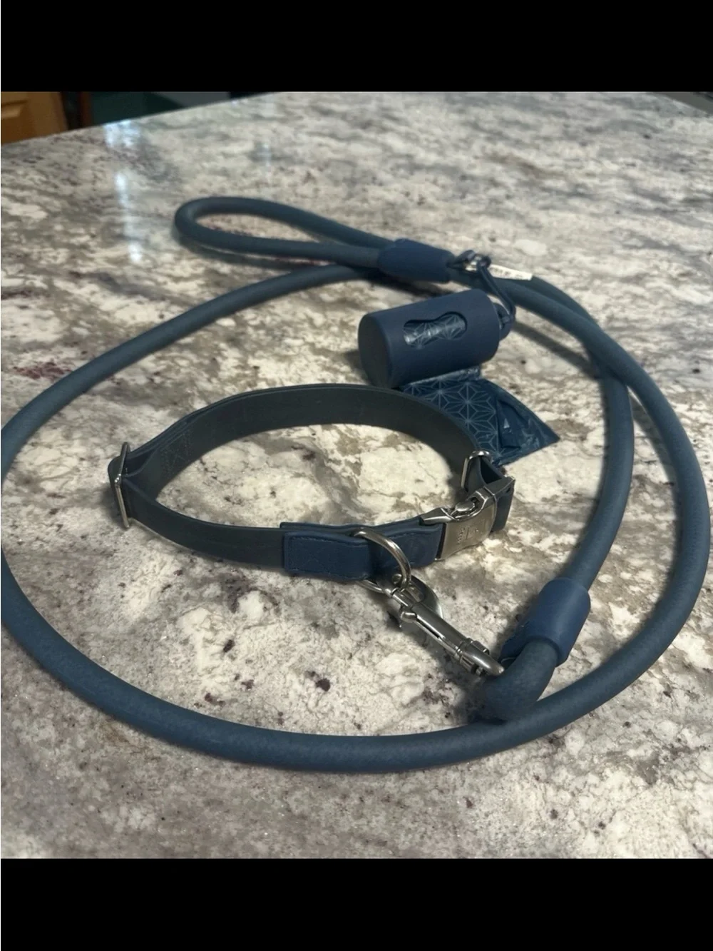 Large Blue Waterproof Dog Collar, Leash, Poop Bag Holder Set